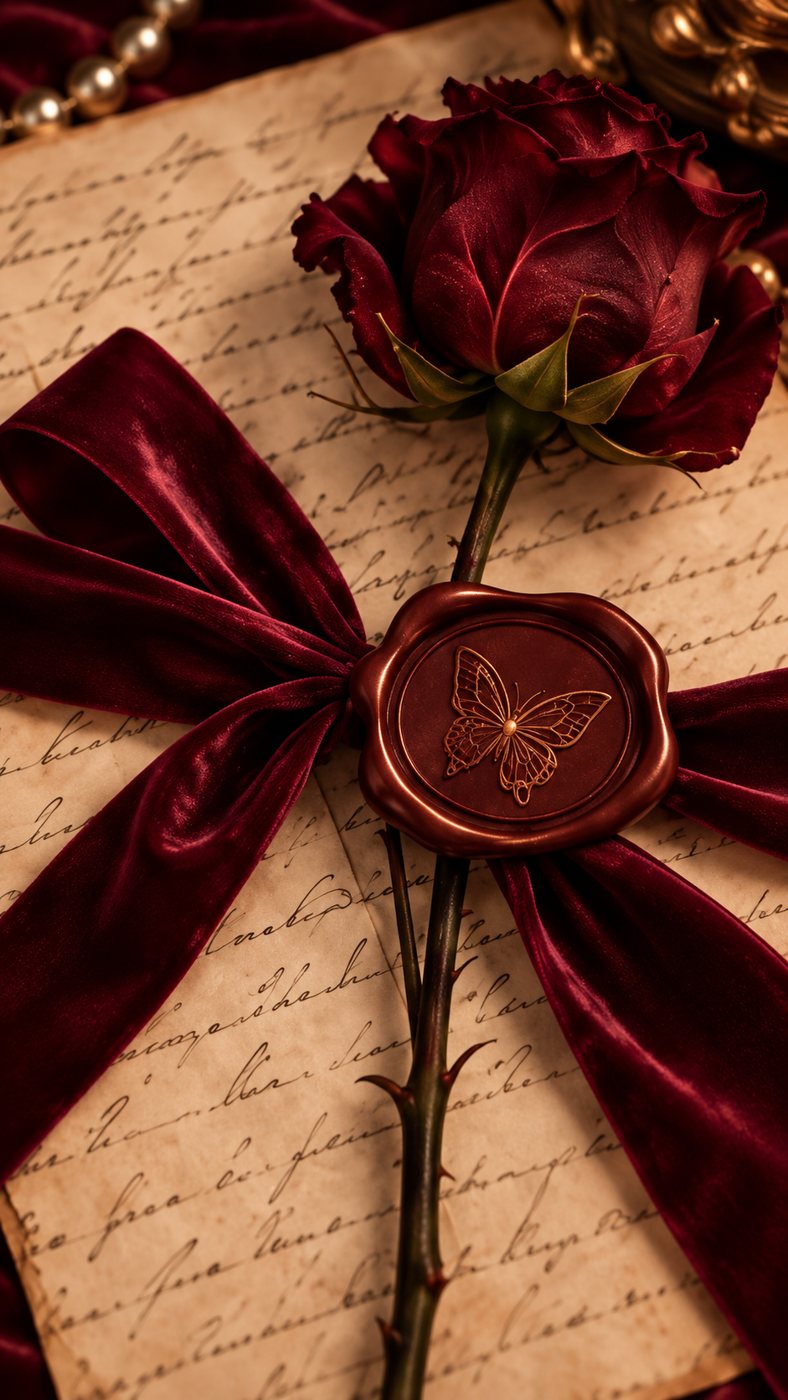 A red rose and velvet ribbon sealed with a butterfly wax seal on a handwritten letter